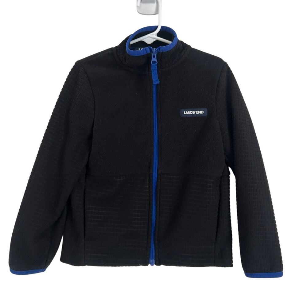 Lands' End Boy's Breathable Grid Fleece Full-Zip Jacket XS(4/5) Black Blue Trim